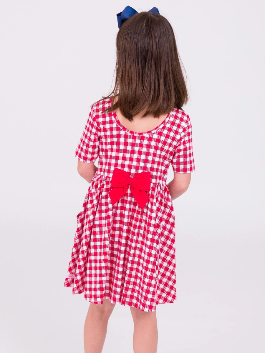 Ruffle Butts - Red Gingham Short Sleeve Knit Twirl Dress