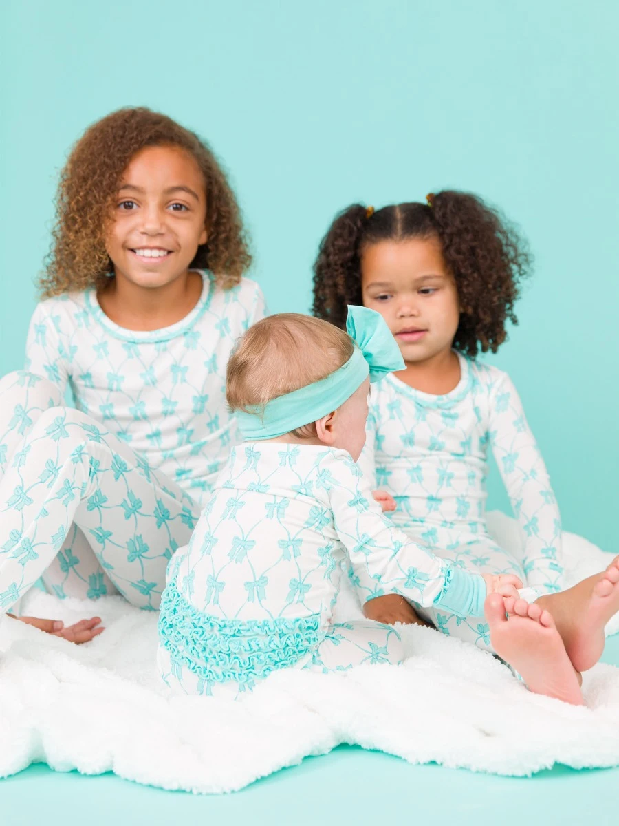 Ruffle Butts - Teal Fairytale Bows Long Sleeve Pajama Set
