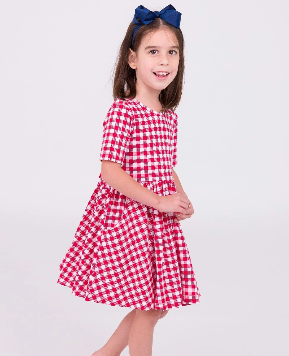 Ruffle Butts - Red Gingham Short Sleeve Knit Twirl Dress