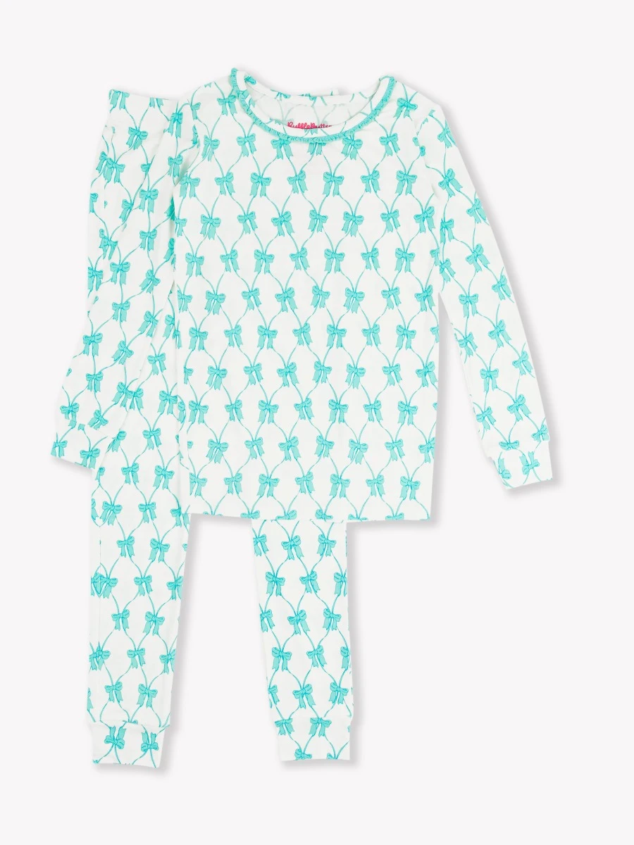 Ruffle Butts - Teal Fairytale Bows Long Sleeve Pajama Set