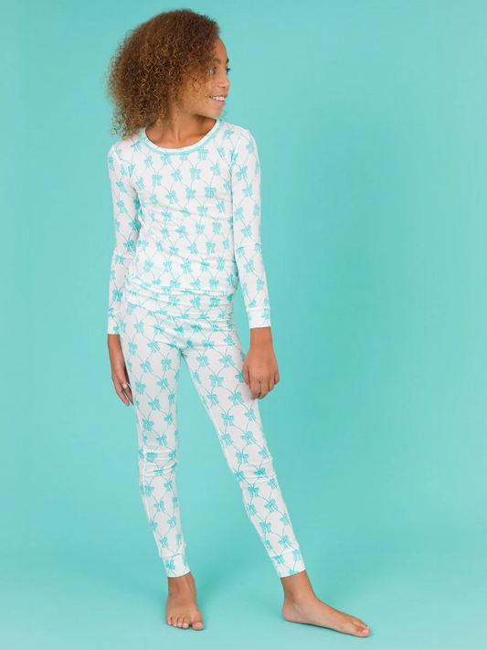 Ruffle Butts - Teal Fairytale Bows Long Sleeve Pajama Set