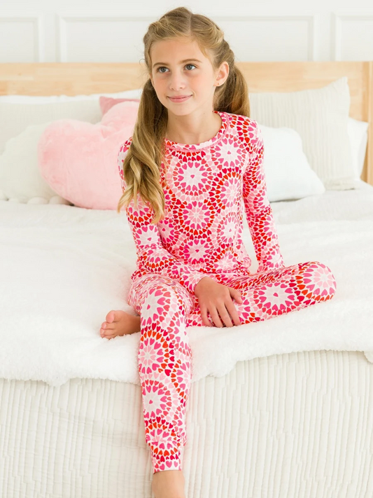 Ruffle Pink Kaleidoscope Hearts Long Sleeve Pajama Set