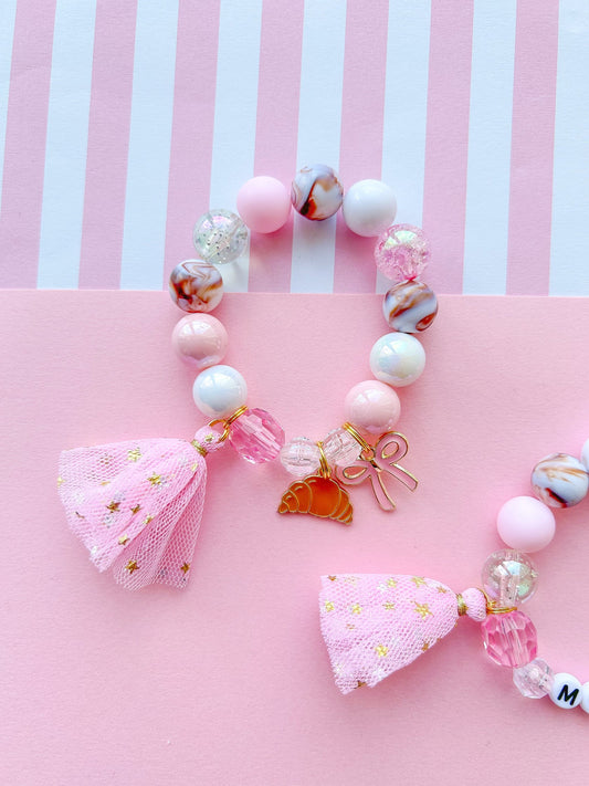The Rainbow Mermaid - Pink Croissant With Bow Kids Beaded Charm Bracelet