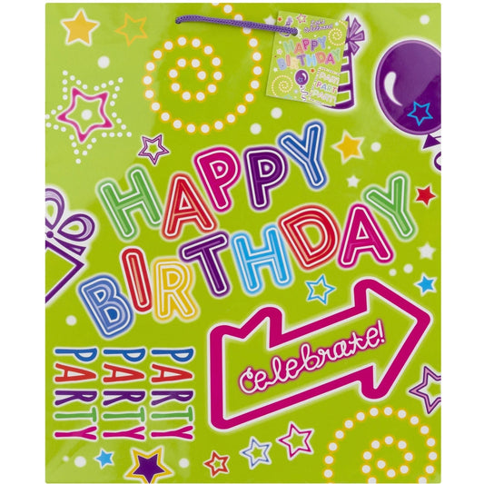 Unique Party - Green Neon Happy Birthday Large Gift Bag